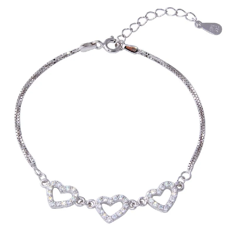 Rhodium Plated 925 Sterling Silver Double Strand Box Bracelet with 3 CZ Hearts - STB00539RH