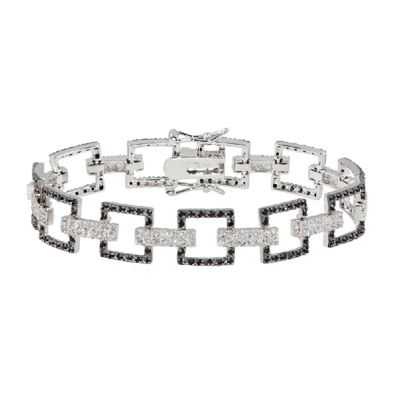 Silver 925 Rhodium Plated Multiple Square Black Open CZ Bracelet - BGB00044