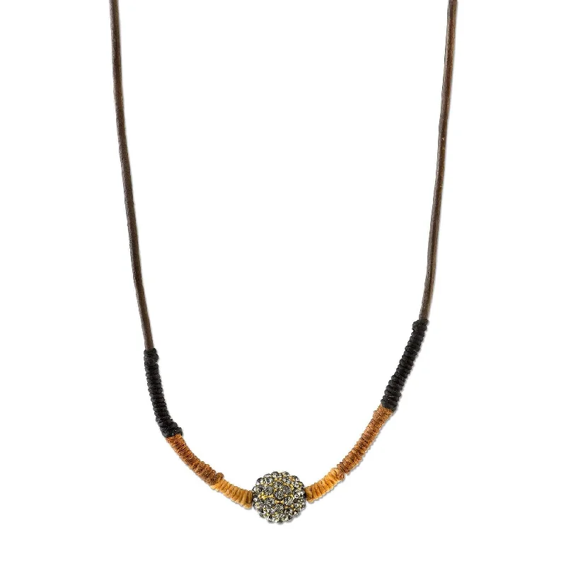 T.R.U. Black Diamond Fireball Crystal Brown Leather Cord Linen Wrapped Necklace 28"