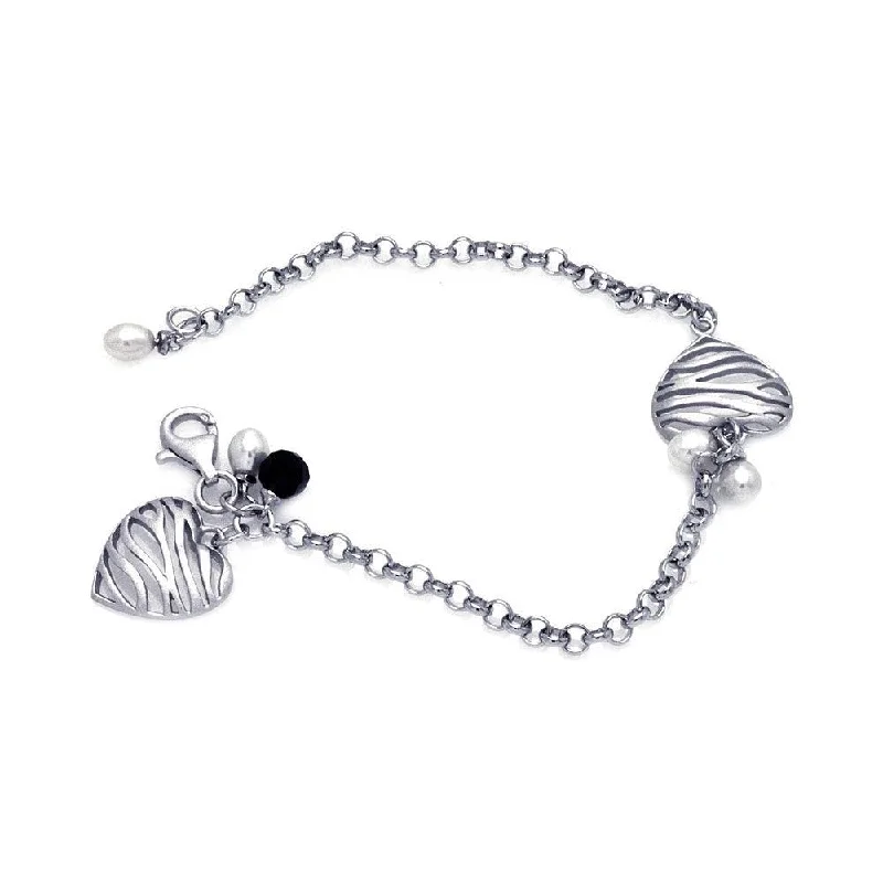 Clearance-Silver 925 Rhodium Plated Matte Finish Hanging Two Pearl Zebra Patter Open Heart Bracelet - BGB00072