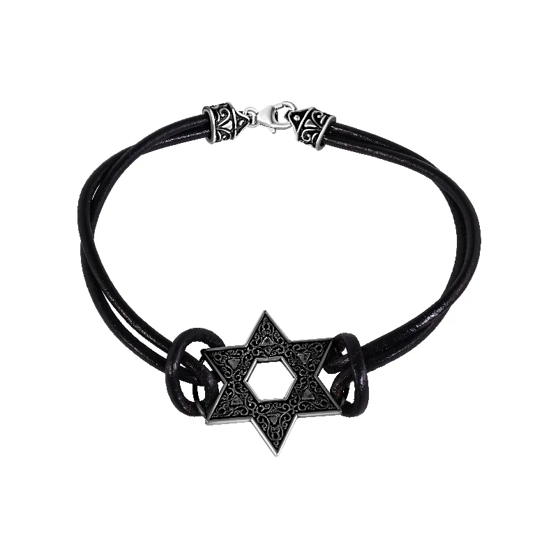 Clearance-Silver 925 Oxidized Star Of David on a Leather Bracelet - OXB00005