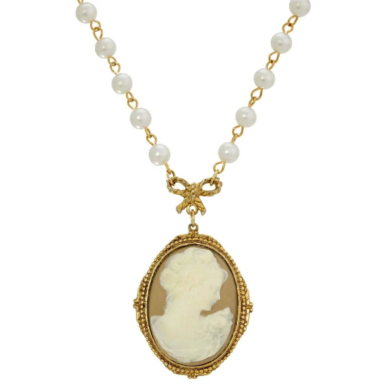 1928 Jewelry Taupe Cameo White Round 6mm Faux Pearl Strand Pendant Necklace 16" + 3" Extender