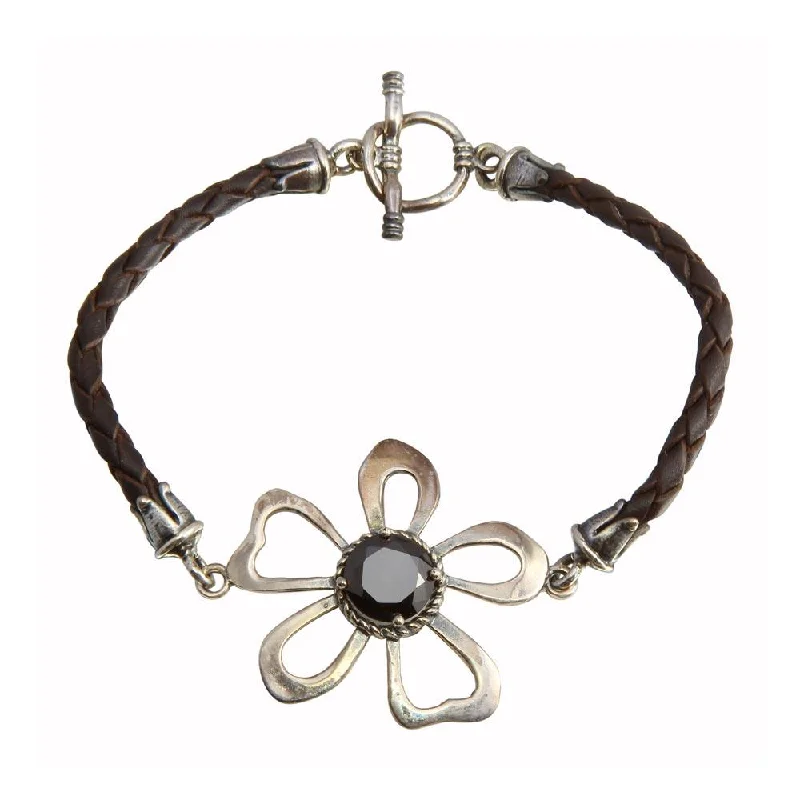 Clearance-Oxidized 925 Sterling Silver Cut Out Designed Flower Leather Bracelet - OXB00017