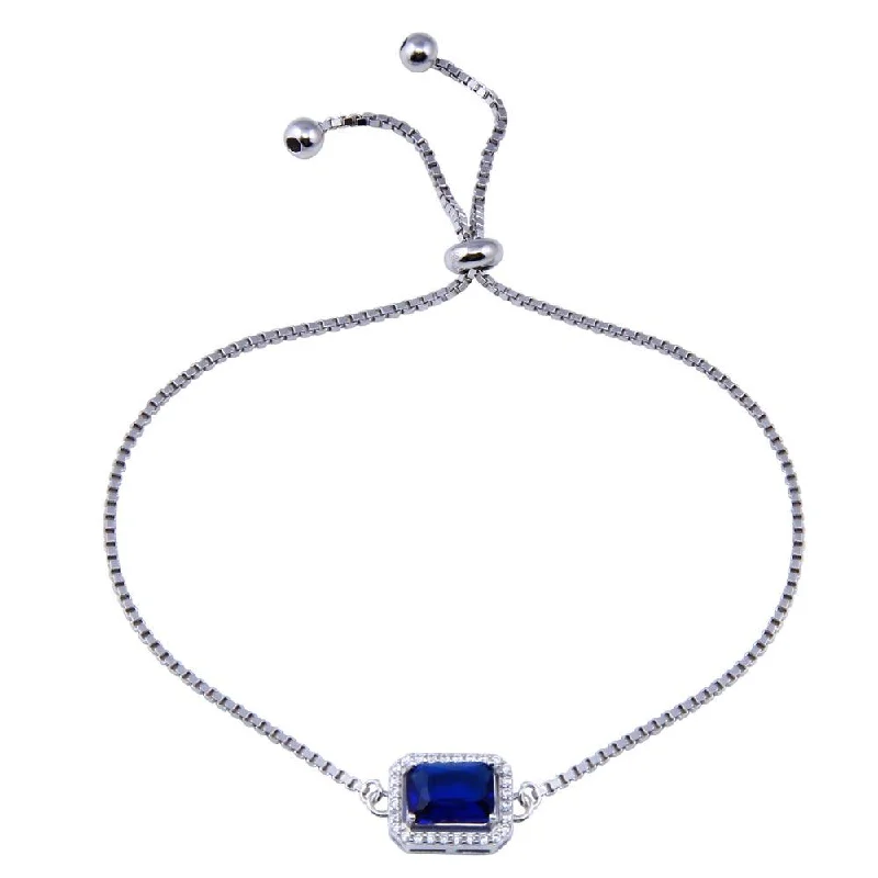 Rhodium Plated 925 Sterling Silver Round Blue and Clear CZ Rectangle Adjustable Bracelet - STB00615-BLUE