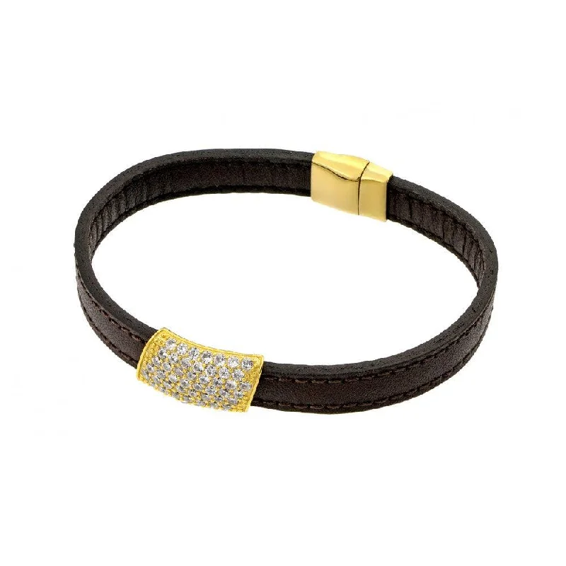 Clearance-Silver 925 Gold Plated Clear Micro Pave CZ Black Leather Bracelet - ECB004GP