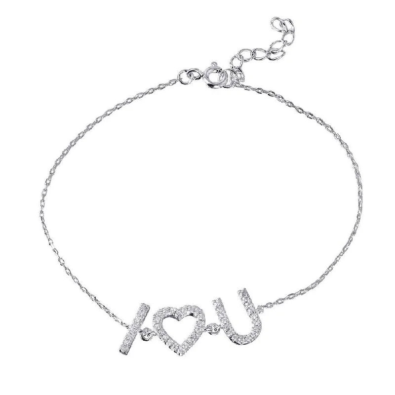 Silver 925 Rhodium Plated CZ 'I [heart] U' Bracelet - STB00521