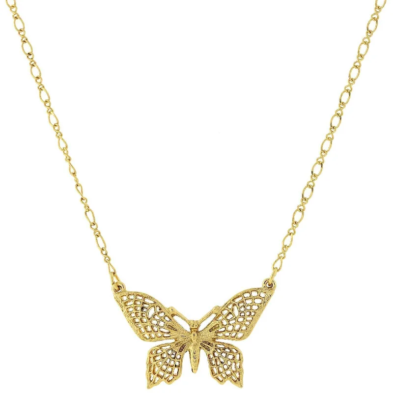 1928 Jewelry Gold Filigree Butterfly Pendant Necklace 16" + 3" Extender