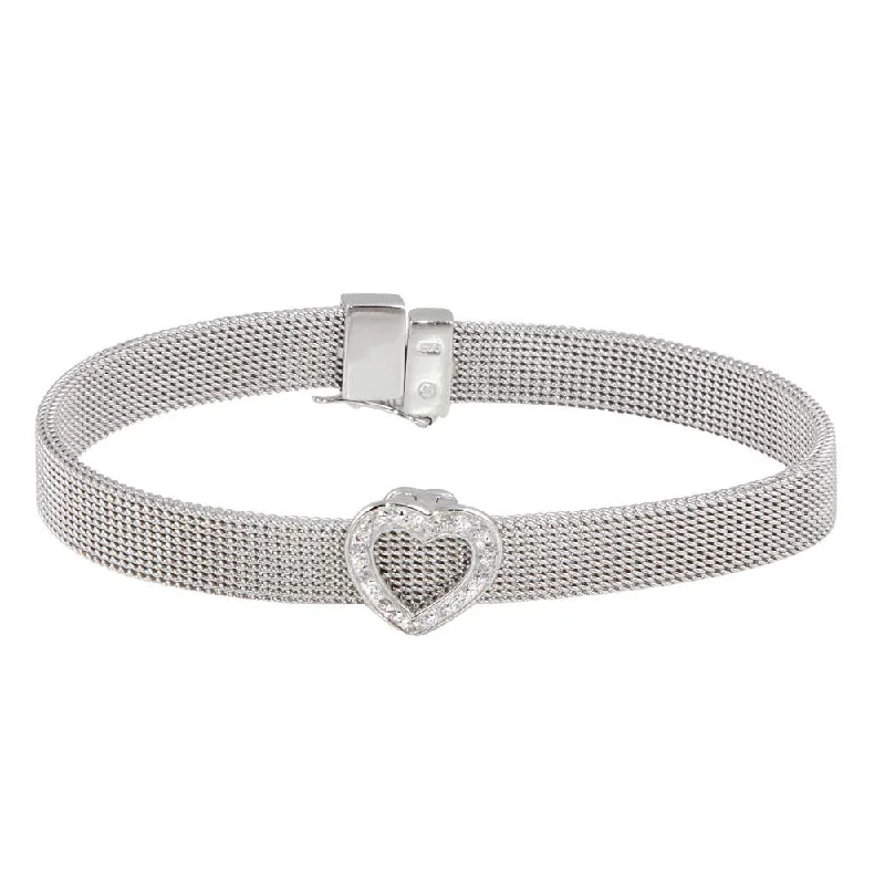 Silver 925 Rhodium Plated Heart Clear CZ Mesh Bracelet - STB00003