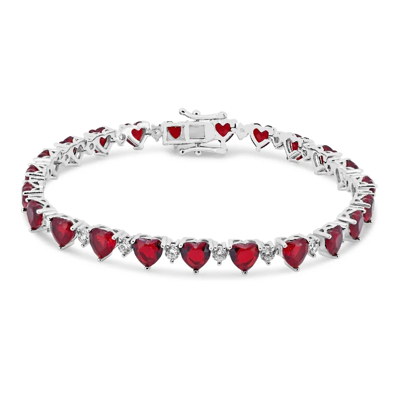 Rhodium Plated 925 Sterling Silver Heart Red CZ 6mm Tennis Bracelet - STB00622RED