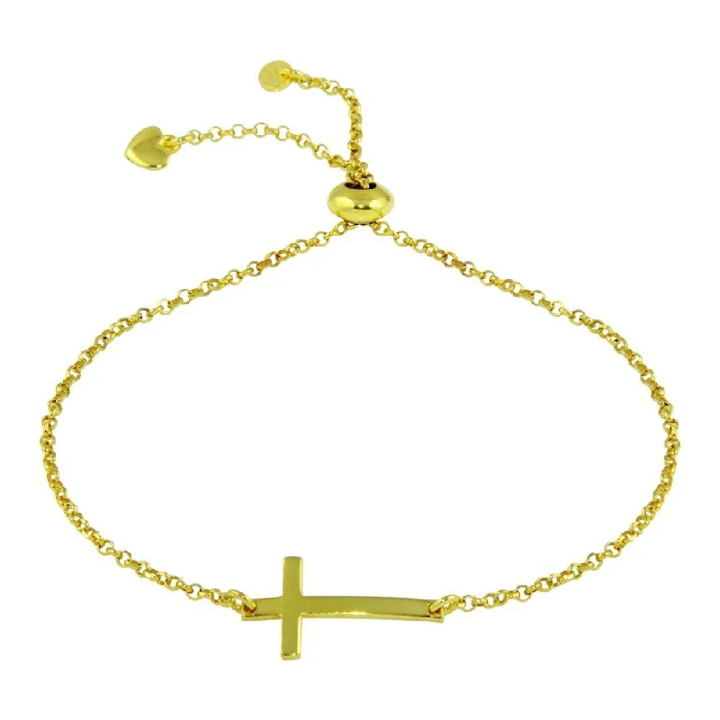 Gold Plated 925 Sterling Silver Horizontal Cross Bracelet with Heart Charms - ARB00031GP