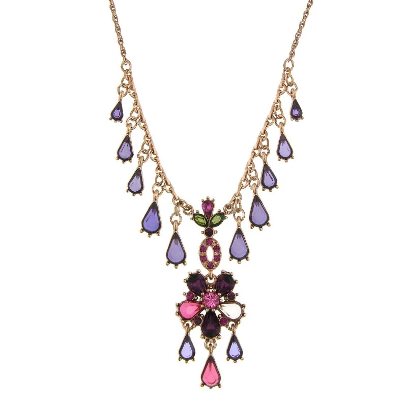 Antiquities Couture Rose Purple Pink And Green Multidrop Pendant Necklace 16" + 3" Extender