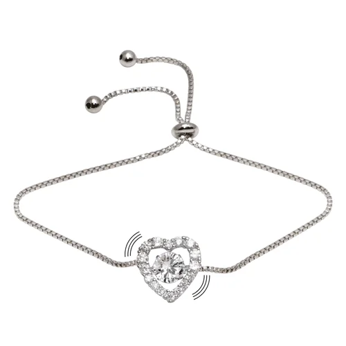 Rhodium Plated 925 Sterling Silver Heart Dancing CZ Lariat Bracelet - STB00563