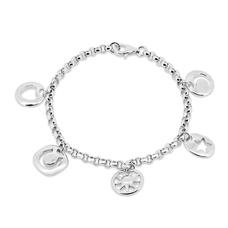 Clearance- Rhodium Plated 925 Sterling Silver Multi Charm Dangling Bracelet - STB00050