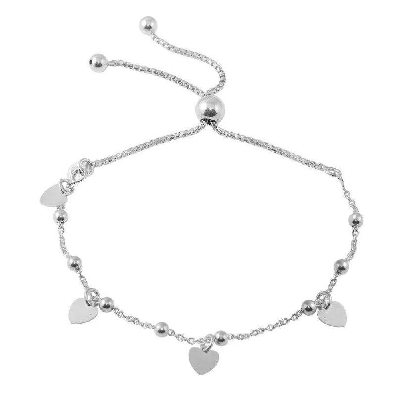 Rhodium Plated 925 Sterling Silver Box Chain Multi Heart and Bead Lariat Bracelet - ECB00127RH