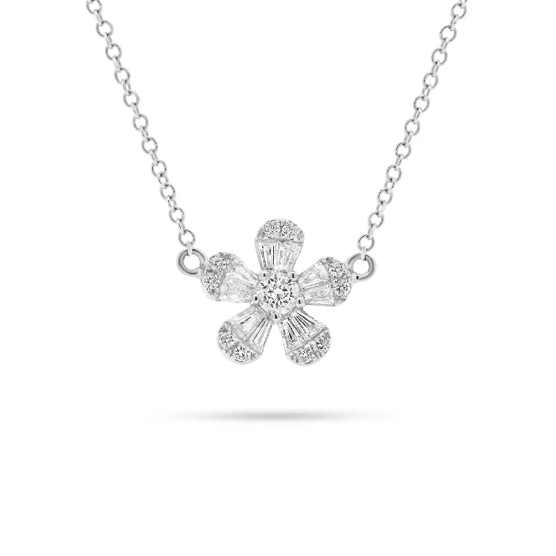 Round & Baguette Diamond Flower Necklace