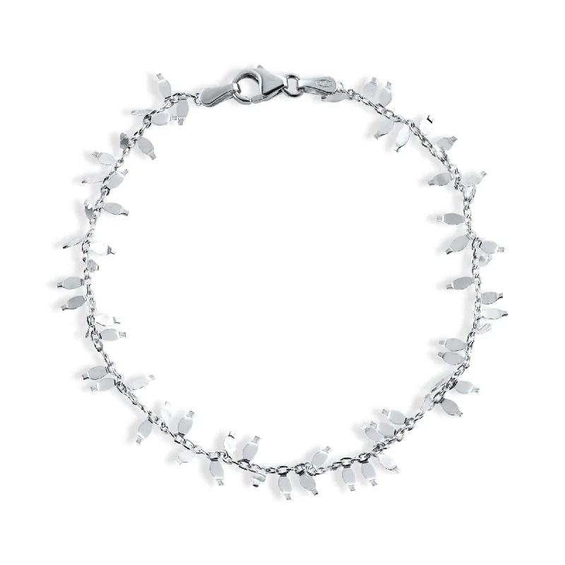 Rhodium Plated 925 Sterling Silver Leaves Link Bracelet - SPB00013RH