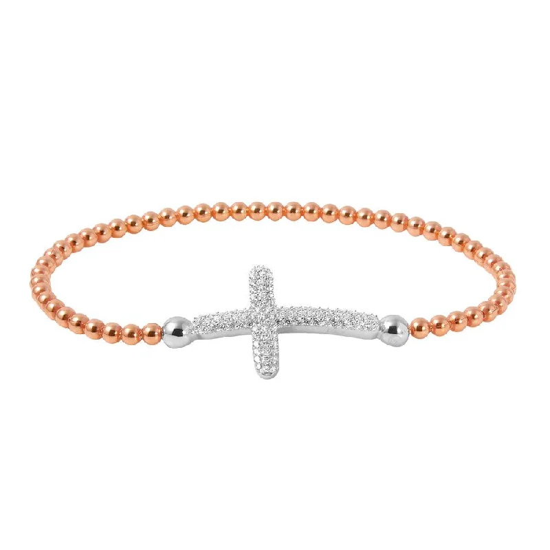 Clearance-ilver 925 Rose Gold Plated Beaded Italian Bracelet with CZ Encrusted Cross - ITB00195RGP-RH