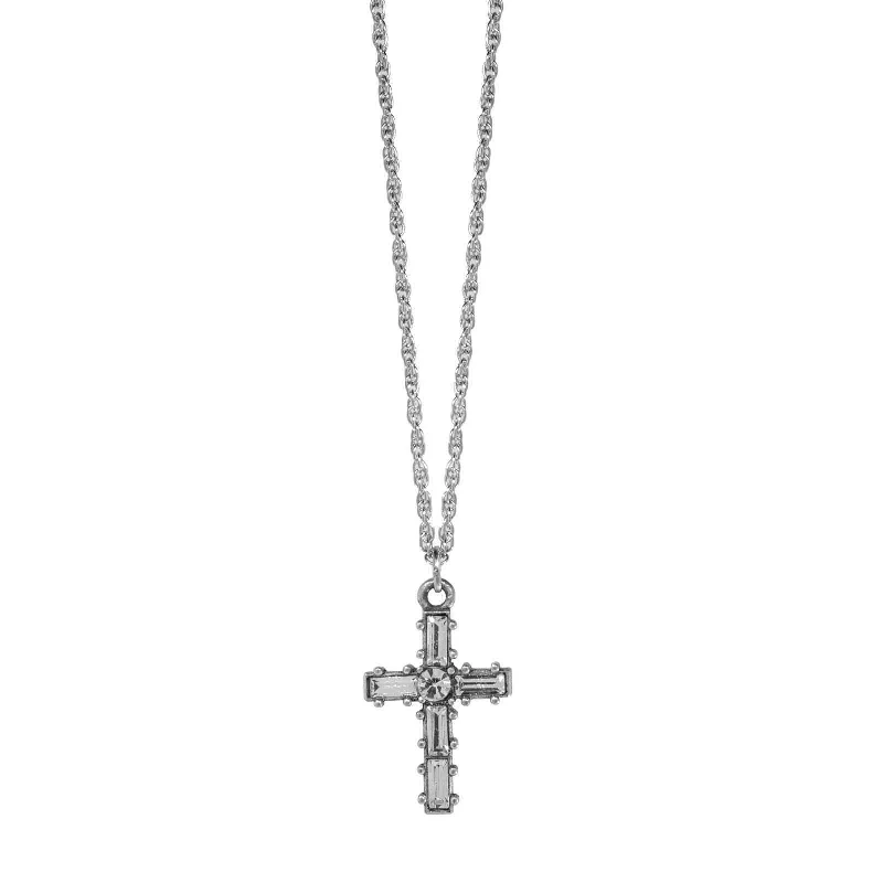 Symbols Of Faith Pewter Crystal Small Cross Pendant Necklace 16" + 3" Extender