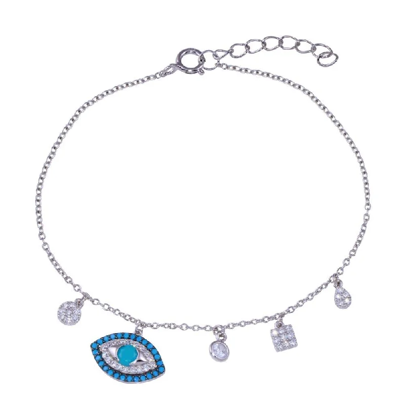 925 Sterling Silver Evil Eye Dangling Charms Turquoise and Clear CZ Bracelet - BGB00365