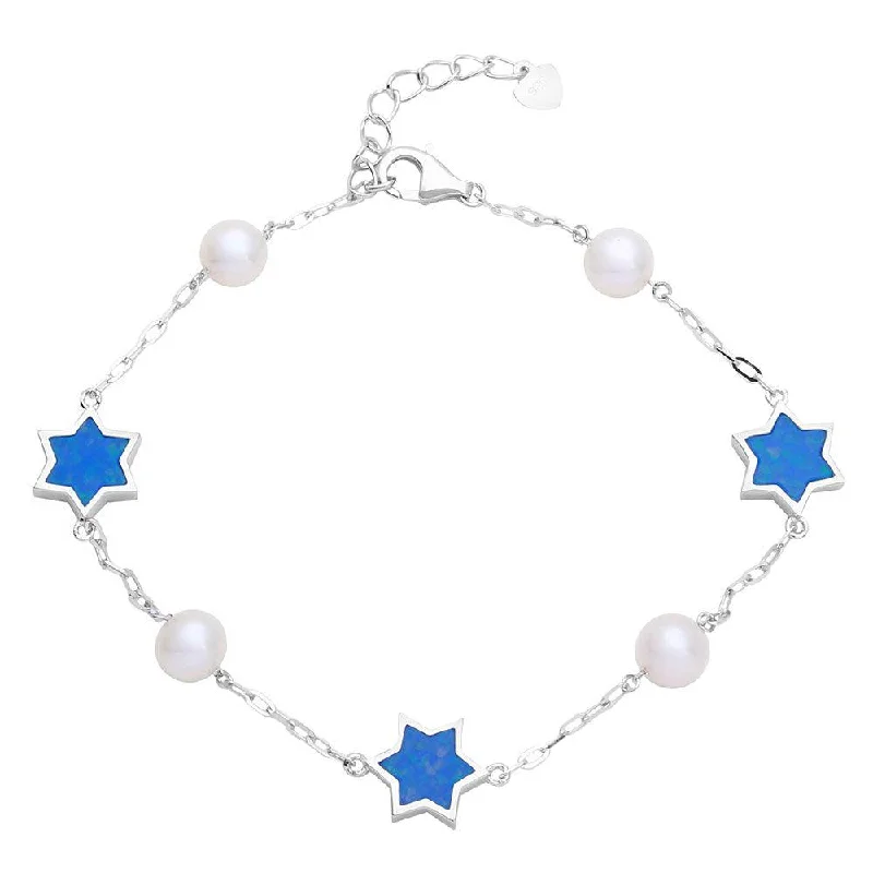 Rhodium Plated 925 Sterling Silver Fresh Water Mother of Pearl with Blue Enamel Star Bracelet - GMB00043RH