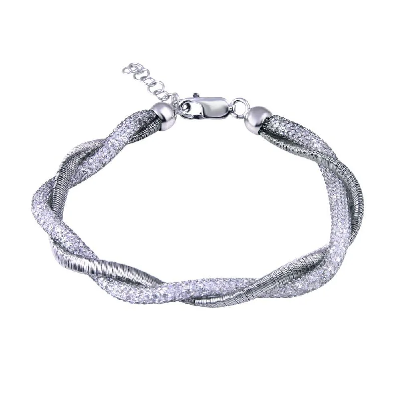 Clearance-Rhodium Plated 925 Sterling Silver Italian Twisted Mesh Bracelet - ECB00069RH