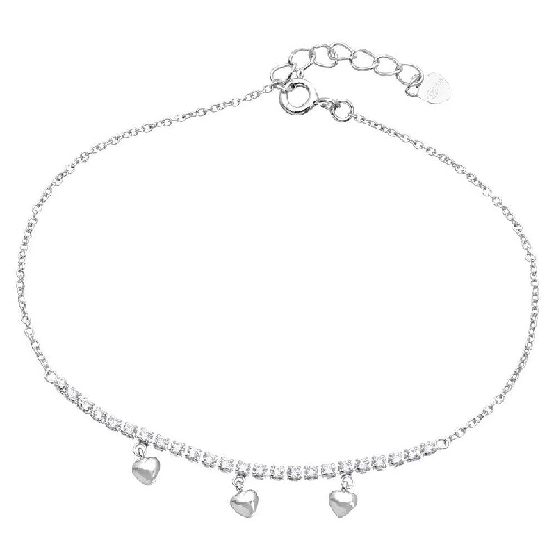 Rhodium Plated 925 Sterling Silver CZ Bar with Hanging Hearts - GMB00041RH