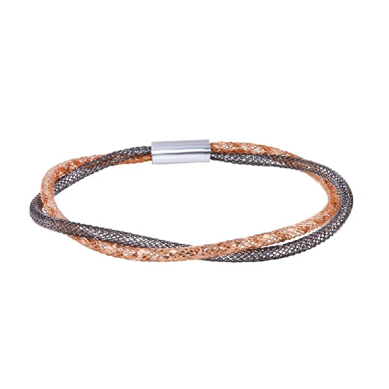 Clearance-925 Sterling Silver Rose Gold and Black Rhodium Plated Italian Mesh Magnet Lock Bracelet - ITB00039