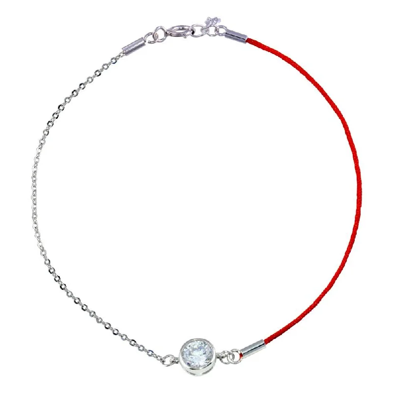 Rhodium Plated 925 Sterling Silver Round CZ Red Cord Bracelet - STB00596