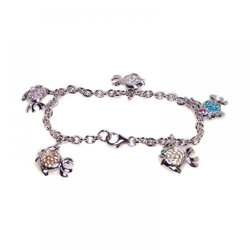 Clearance-Silver 925 Rhodium Plated Multi Color CZ Dangling Fish Bracelet - STB00053