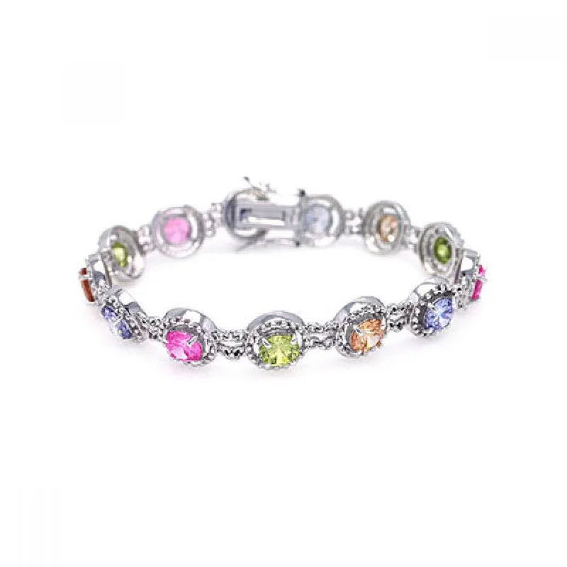 Silver 925 Rhodium Plated Multiple Multicolor Round CZ Bracelet - BGB00008