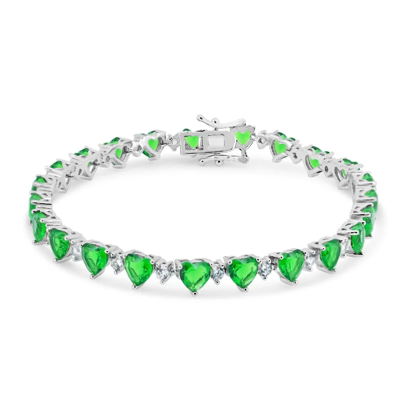 Rhodium Plated 925 Sterling Silver Heart Green CZ 6mm Tennis Bracelet - STB00622GREEN