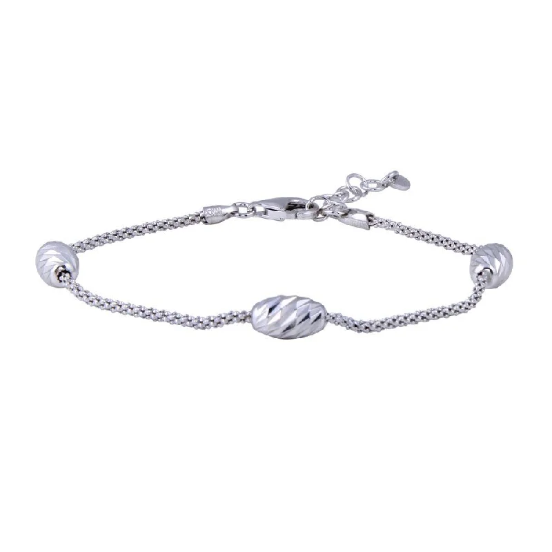 Rhodium Plated 925 Sterling Silver Popcorn Chain Oval Diamond Cut Adjustable Bracelet - ECB00129RH