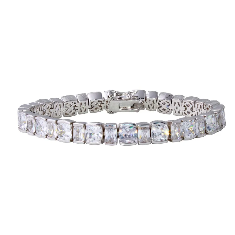 Rhodium Plated 925 Sterling Silver Round and Rectangle Cushion CZ Tennis Bracelet - STB00541RH