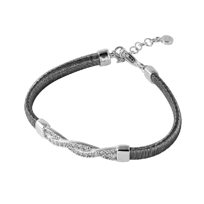 Clearance-Silver 925 Black Rhodium Plated Italian Bracelet with Twisted CZ Inlay Accent - ITB00211BLK-RH