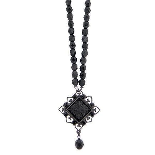 2028 Jewelry Black Square Beaded Pendant Necklace 15" + 3" Extender