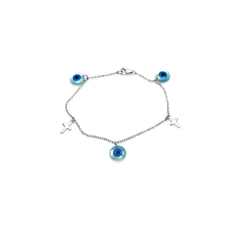 Silver 925 Rhodium Plated Cross and Evil Eye Charm Bracelet - STB00403