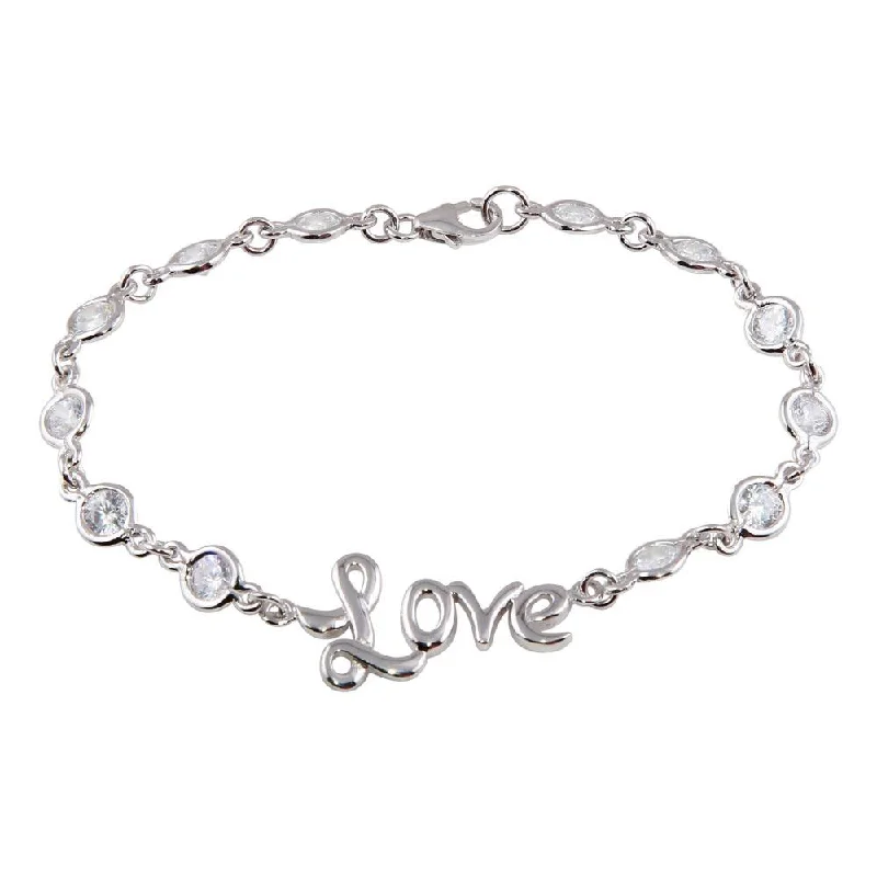 Silver 925 Rhodium Plated Clear CZ Love Bracelet - STB00041