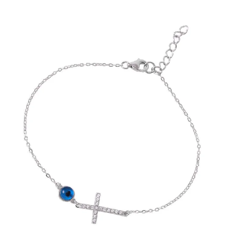 Silver 925 Rhodium Plated Clear CZ Cross with Evil Eye Bracelet - BGB00244