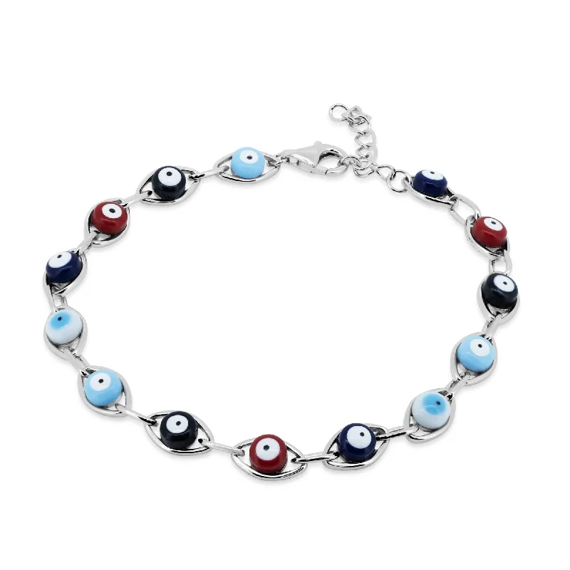 Rhodium Plated 925 Sterling Silver Multicolor Evil Eye Bracelet - STB00624