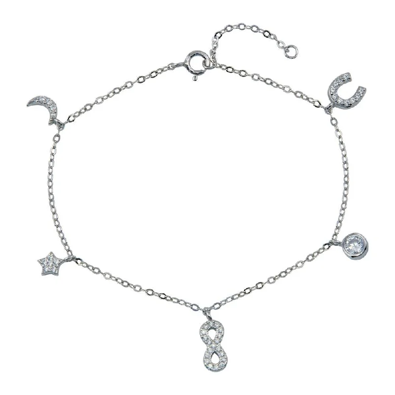 Rhodium Plated 925 Sterling Silver CZ Horse Shoe Infinity Star Moon Charm Bracelet - STB00604