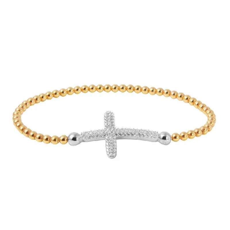 Clearance-Silver 925 Gold Plated Beaded Italian Bracelet with CZ Encrusted Cross - ITB00195GP-RH