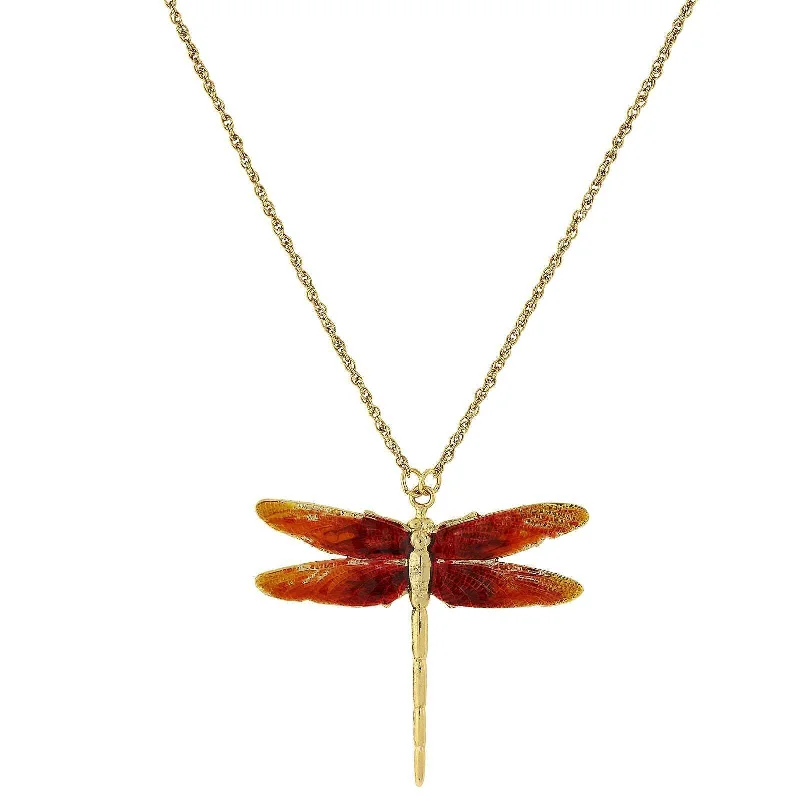 1928 Jewelry Orange Enamel Dragonfly Pendant Necklace 16" + 3" Extender