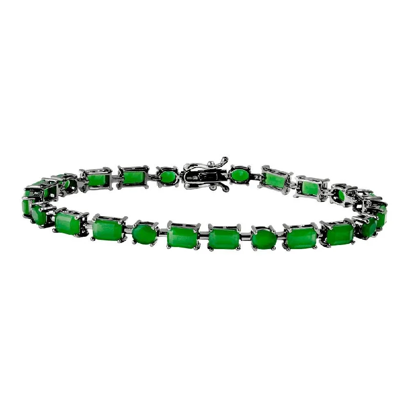 Black Rhodium Plated 925 Sterling Silver Green Synthetic Rectangle and Oval CZ Bracelet - GMB00051BLK-GREEN