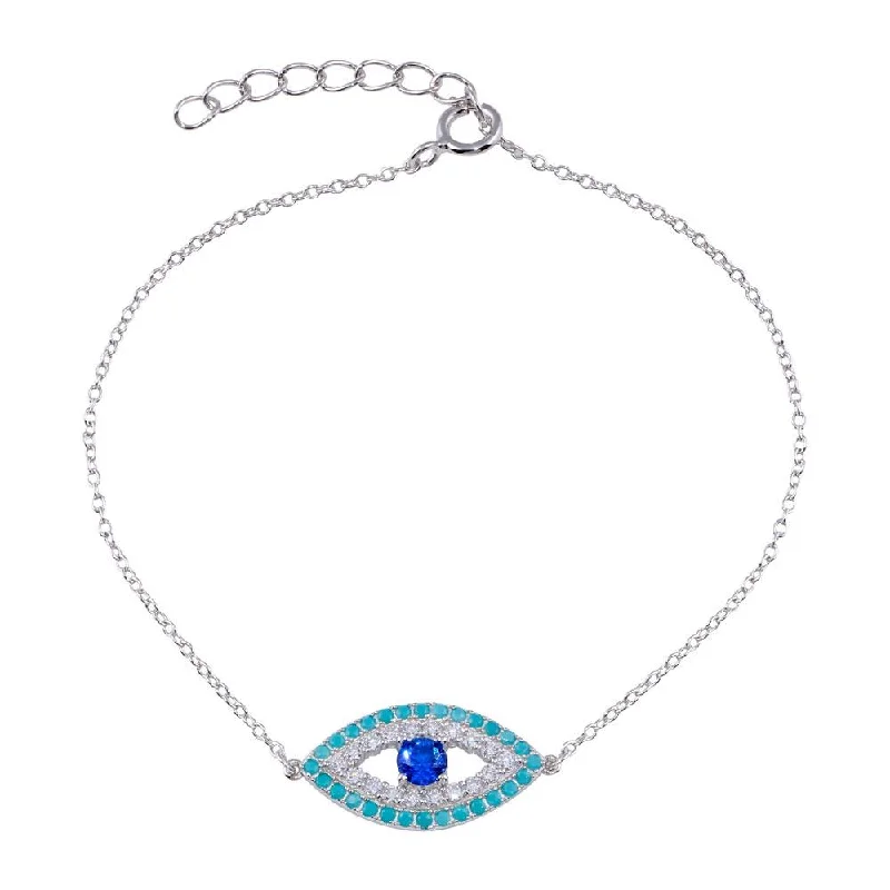 Rhodium Plated 925 Sterling Silver CZ and Turquoise Evil Eye Bracelet - BGB00356