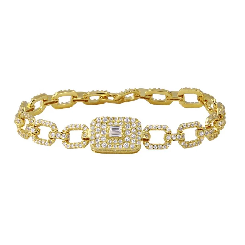 Gold Plated 925 Sterling Silver Square Link CZ and Baguette Bracelet - GMB00103GP