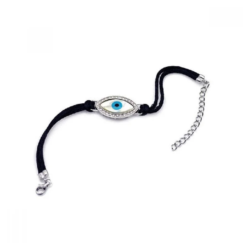 Silver 925 Rhodium Plated Large Evil Eye Clear CZ Black Cord Bracelet - STB00411