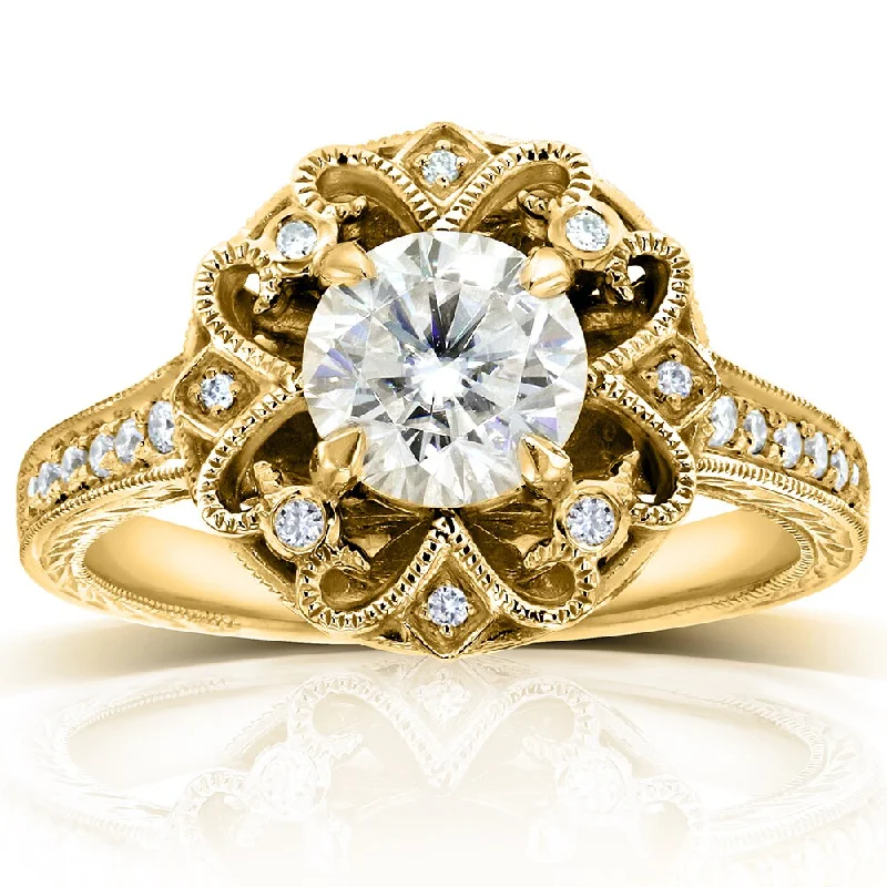 Annello by Kobelli 14k Yellow Gold 1 1/5ct TGW Forever One Moissanite and Diamond Antique Floral Extravagant Engagement Ring