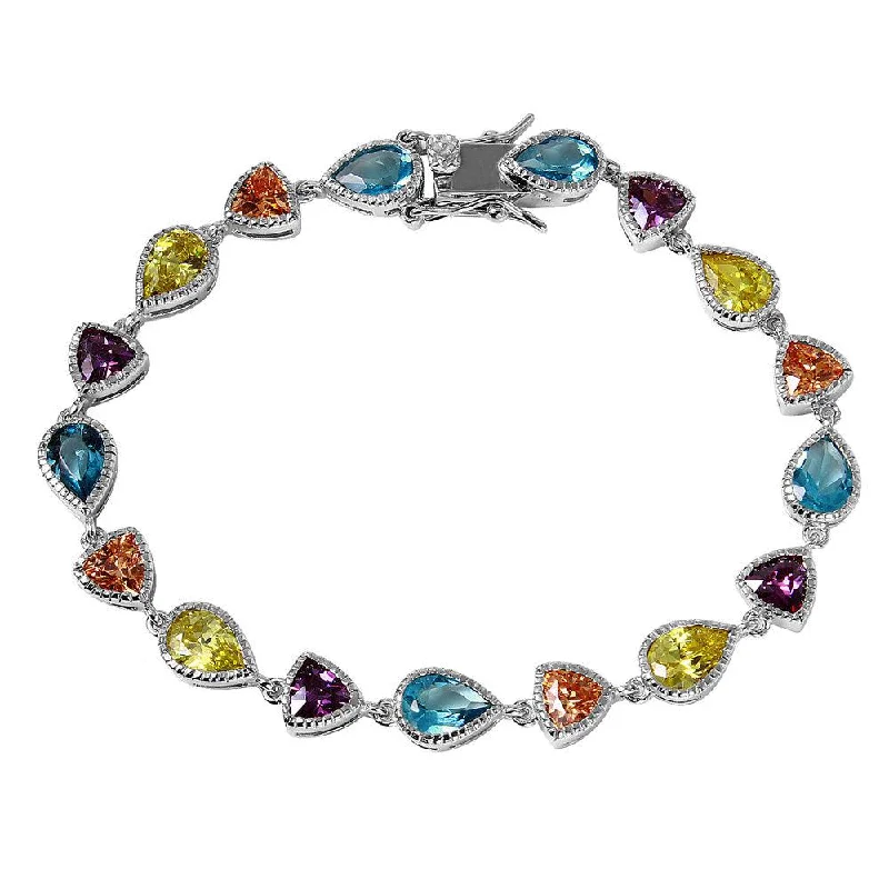 Silver 925 Rhodium Plated Multi Shape and Color CZ Tennis Bracelet - BGB00256