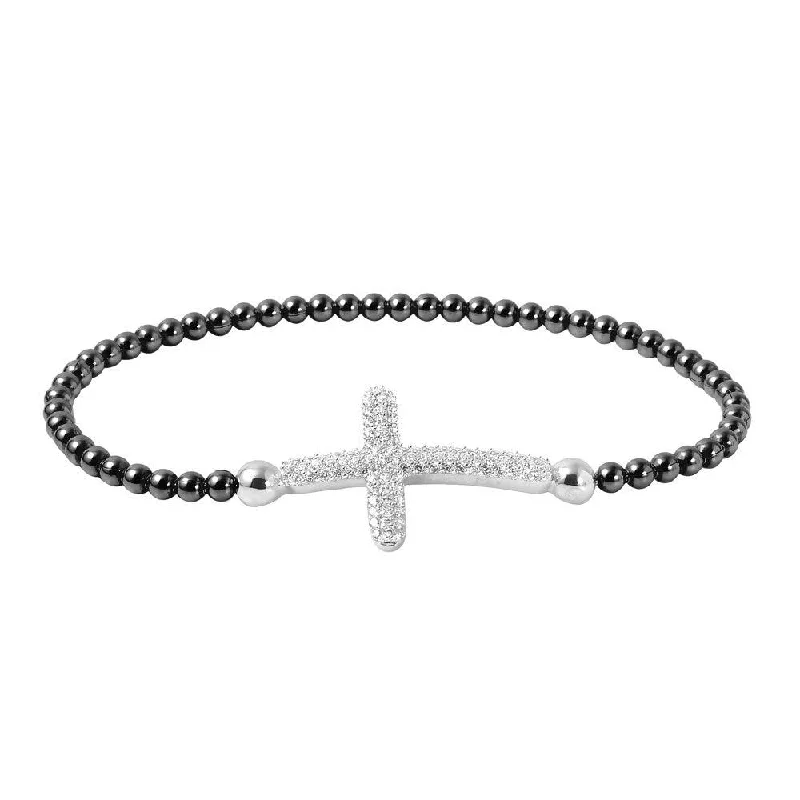 Clearance-Silver 925 Black Rhodium Plated Beaded Italian Bracelet with CZ Encrusted Cross - ITB00195BLK-RH