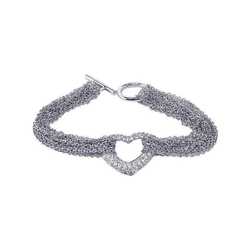 Clearance-Silver 925 Rhodium Plated Multi Chain Open Heart Micro Pave Clear CZ Bracelet - STB00260